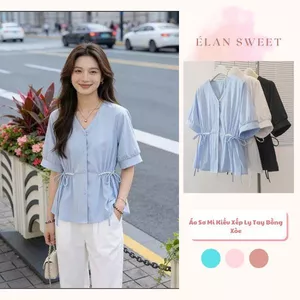 Áo Sơ Mi Kiểu Xếp Ly Tay Bồng Xòe, Áo Kiểu Nữ Công Sở Sang Chảnh Phối Nơ Cổ Élan Sweet
