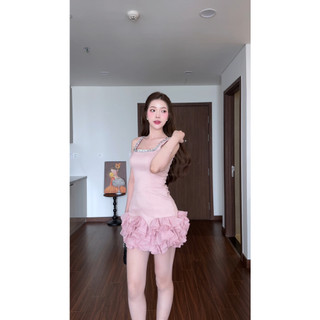 Đầm tiểu thư nữ cổ vuông đính đá + Váy ngắn bèo tầng HB.Studio D23