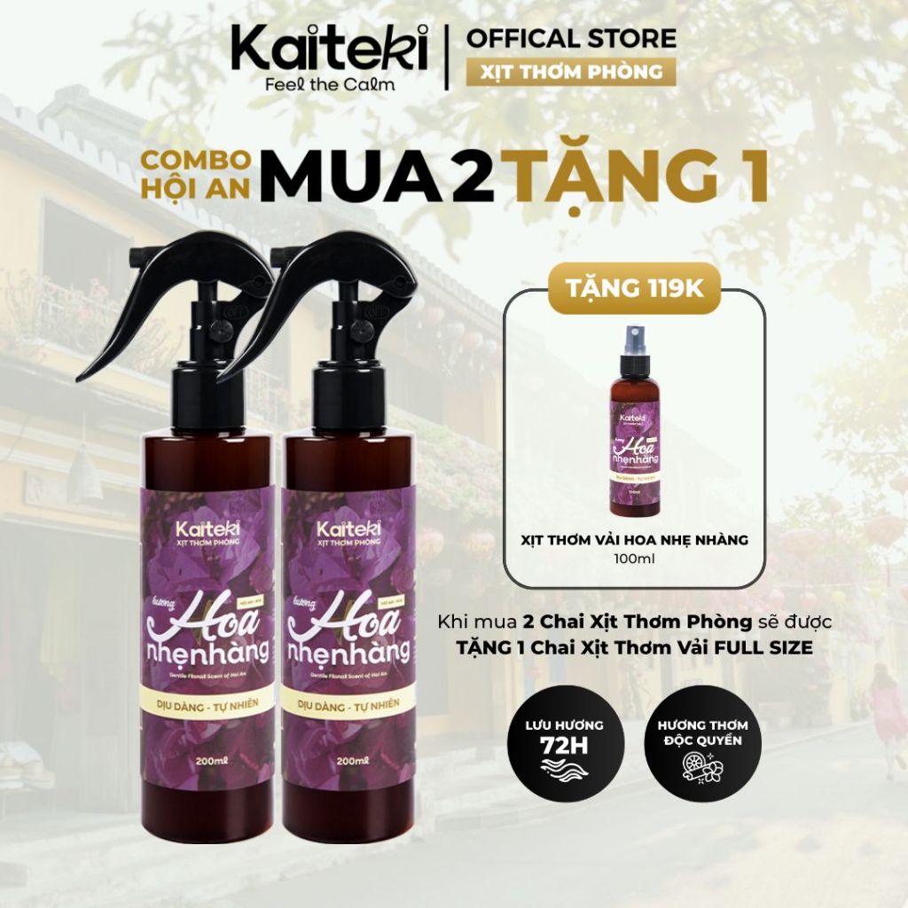 (Mua 2 Tặng 1) Xịt Thơm Phòng Kaiteki 200ml Hương Hoa Hội An, Xịt Phòng Thơm Lâu Khử Mùi, Thơm Phòng Ngủ