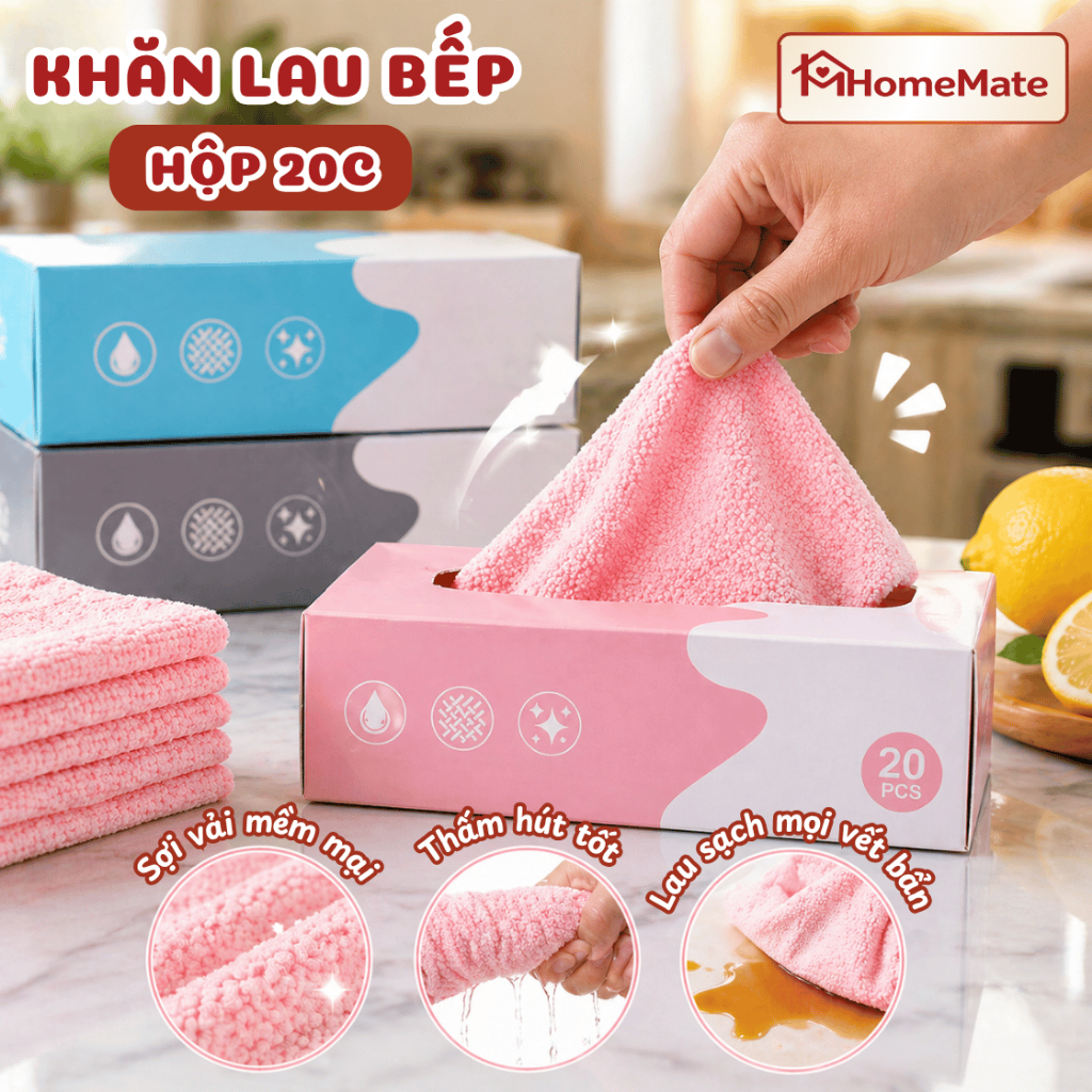 Hộp 20 Khăn Lau Đa Năng HomeMate, Khăn Lau Bếp Siêu Thấm Hút Tái Sử Dụng Không Rụng Lông