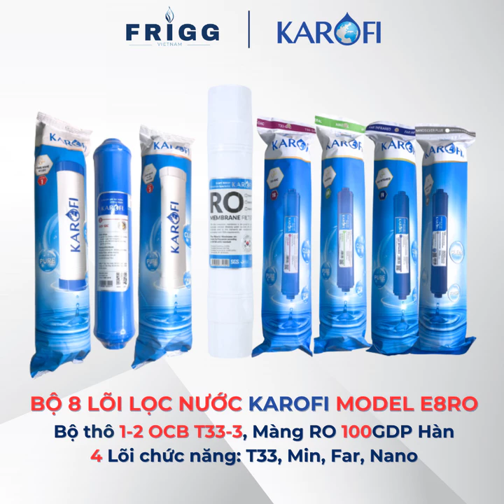 Bộ 8 lõi lọc nước Karofi cho máy Karofi 8 cấp lọc E8RO công suất 10l/h và 20l/h lõi 2 thường và lõi khử canxi
