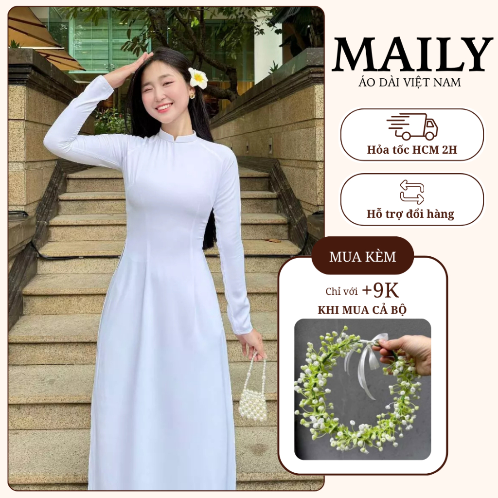 Áo Dài Trắng Học Sinh Lụa Mỹ Thoáng Mát, Thiết Kế Cổ Chữ V Cao 2 Phân Tà Dài Chữ A Tôn Dáng - ÁO DÀI MAILY