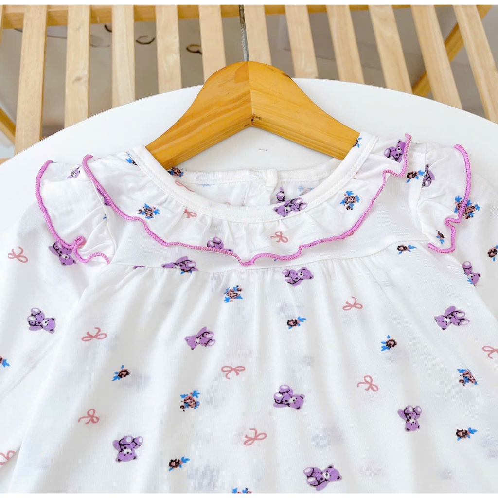 Bộ tay dài bé gái sợi sồi Modal Lá Homewear MOD5, đồ ngủ cho bé babydoll mát mềm phối bèo dễ thương