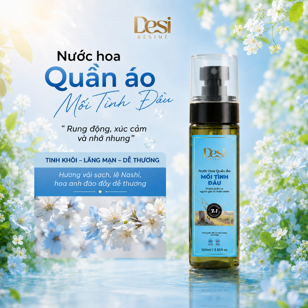 Nước Hoa Quần Áo Desi Mùi Mối Tình Đầu Hương Hoa Anh Đào Ngọt Ngào, Xịt Thơm Quần Áo Bảo Vệ Vải 100ml