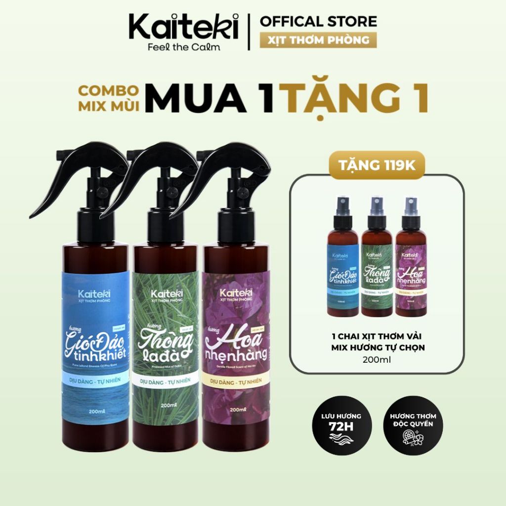 (Mua 3 Tặng 2) Xịt Thơm Phòng Kaiteki 200ml Combo Mix Mùi, Xịt Phòng Thơm Lâu Khử Mùi, Nước Hoa Xịt Phòng