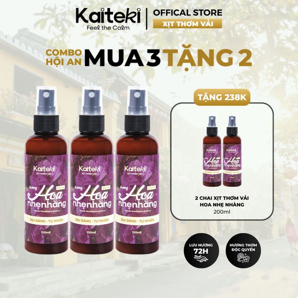 (Mua 3 Tặng 2) Xịt Thơm Quần Áo Kaiteki Hương Hoa Hội An 100ml, Xịt Vải Khô Thơm Lâu 72H Khử Mùi Nano Bạc