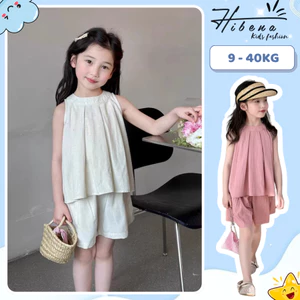 Bộ đồ bé gái mùa hè HIBENAKIDS, set đồ bé gái cộc tay dáng ba lỗ chất đũi nhăn mềm, mịn, mát màu kem, hồng siêu xinh BT7