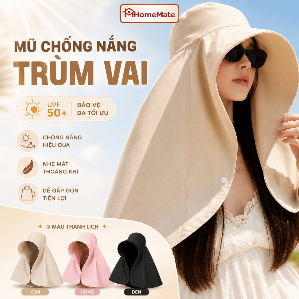 Mũ Chống Nắng HomeMate Vành Rộng 39CM Kèm Khăn Choàng Che Mặt Cổ, Chống Tia UV Gấp Gọn Thoáng Mát