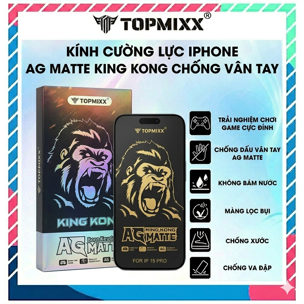 Kính Cường Lực Nhám KingKong TOPMIXX Chống Vân Tay Cho Dòng Máy IPhone X – 16 ProMax