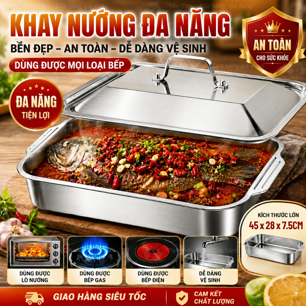 Khay nướng inox đa năng có nắp, nồi nướng cá, nấu lẩu, đựng thực phẩm, dùng cho mọi loại bếp (bếp ga, bếp từ, lò nướng)