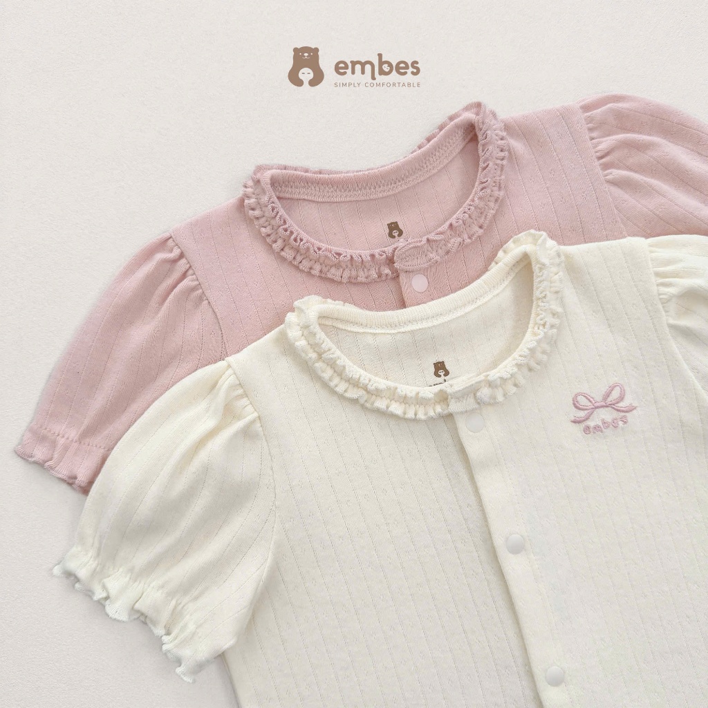 Bộ Cộc Bé Gái Embes, Bộ Cộc Tay Phối Viền Bèo Chất Thông Hơi Mềm Mại Thoáng Mát Cho Bé Gái Từ 8-17Kg