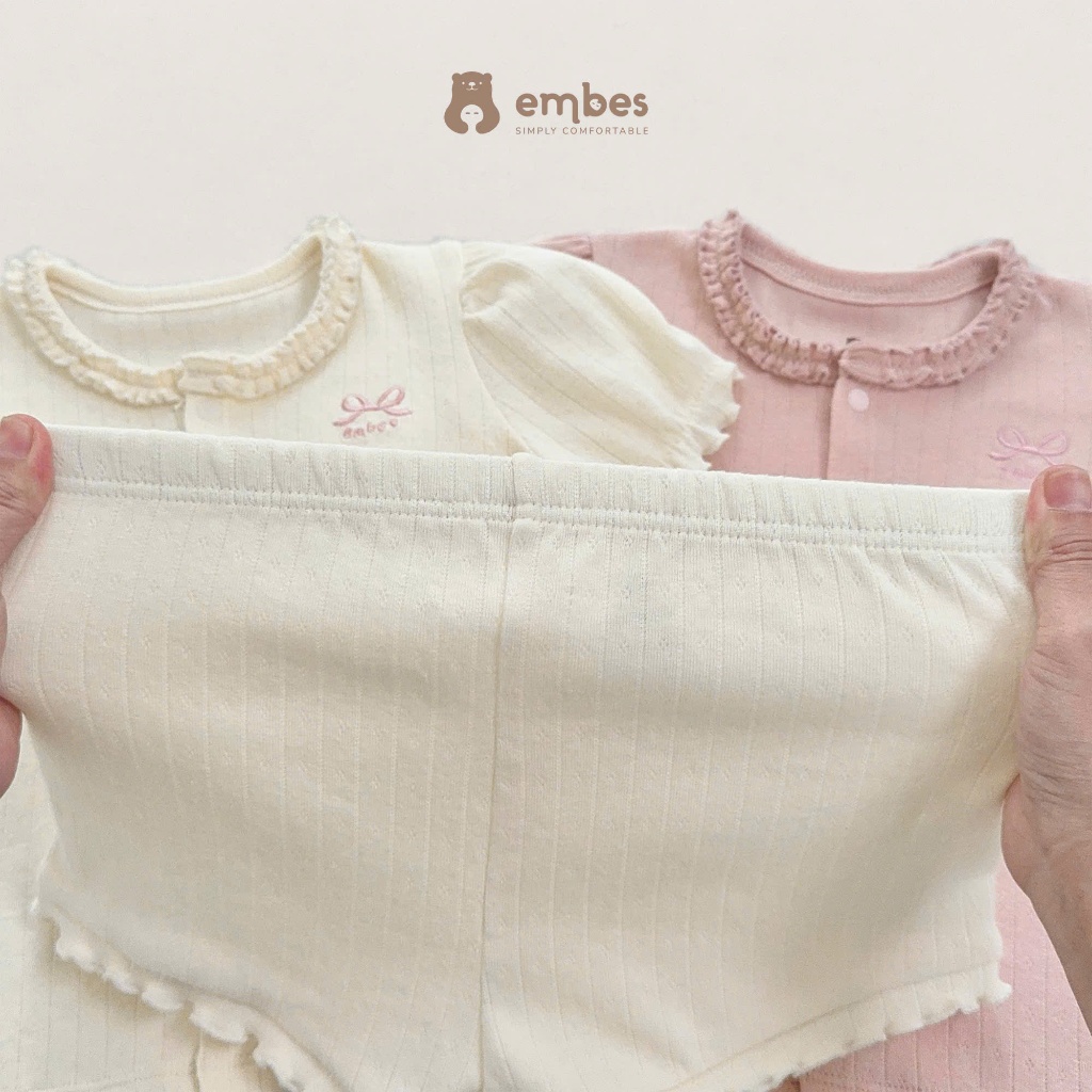 Bộ Cộc Bé Gái Embes, Bộ Cộc Tay Phối Viền Bèo Chất Thông Hơi Mềm Mại Thoáng Mát Cho Bé Gái Từ 8-17Kg