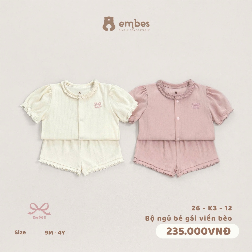 Bộ Cộc Bé Gái Embes, Bộ Cộc Tay Phối Viền Bèo Chất Thông Hơi Mềm Mại Thoáng Mát Cho Bé Gái Từ 8-17Kg
