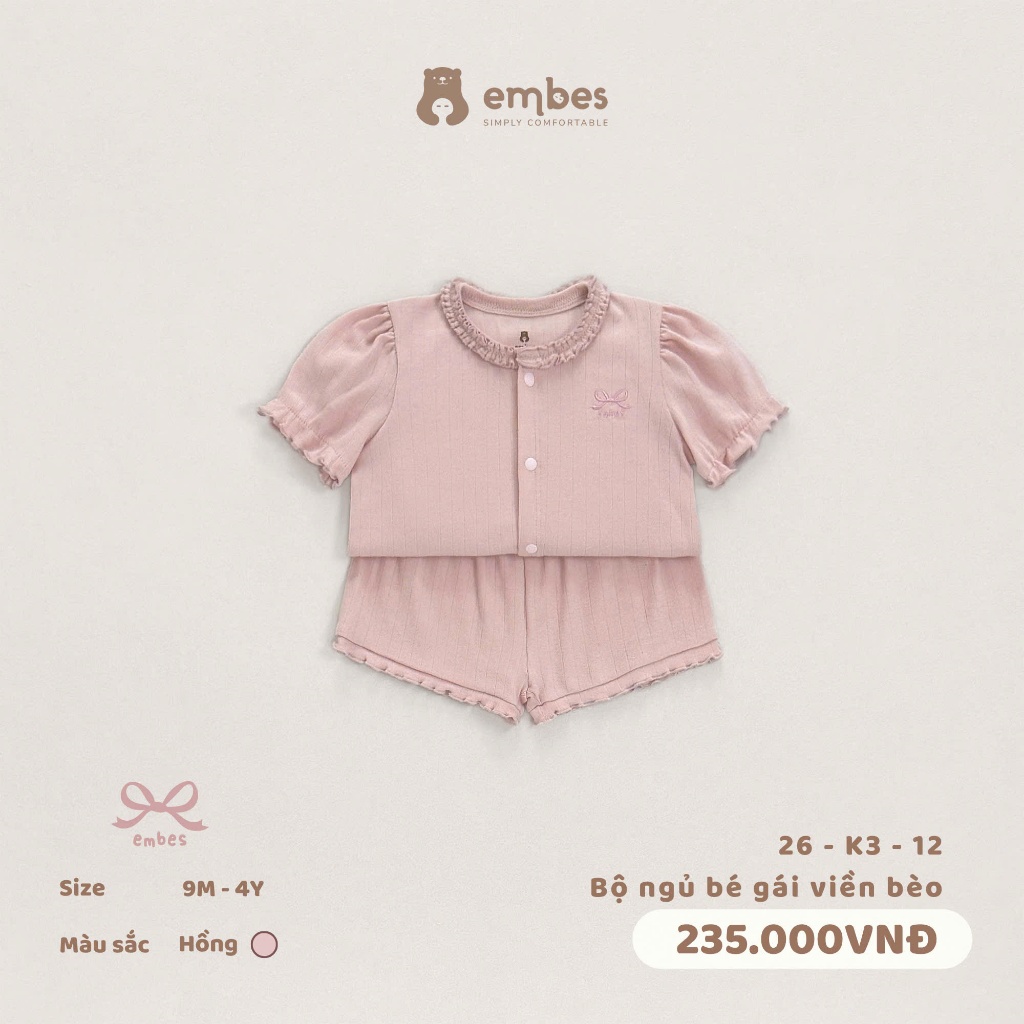 Bộ Cộc Bé Gái Embes, Bộ Cộc Tay Phối Viền Bèo Chất Thông Hơi Mềm Mại Thoáng Mát Cho Bé Gái Từ 8-17Kg