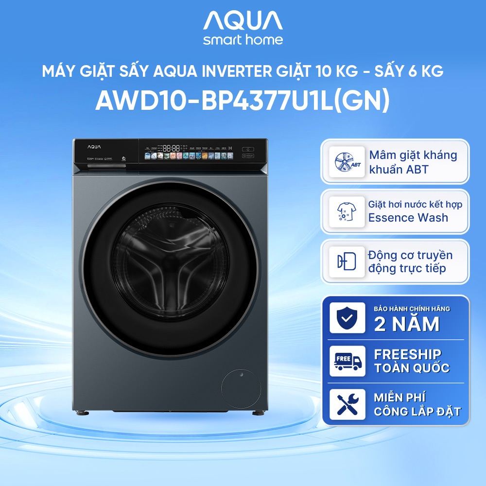 Máy giặt sấy lồng ngang AQUA Inverter giặt 10kg - sấy 6kg AWD10-BP4377U1L(GN) - Bảo hành 2 năm - Freeship toàn quốc