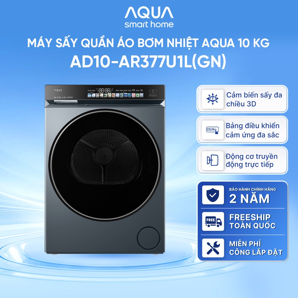 Máy sấy bơm nhiệt Aqua Inveter 10 kg AD10-AR377U1L(GN) - Freeship toàn quốc - Bảo hành 2 năm