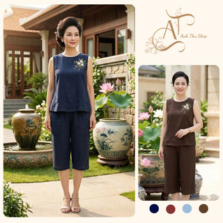 Bộ Đồ Nữ Vải Đũi Cao Cấp, Bộ Mặc Nhà Trung Niên  Sang Trọng In Hoa, Áo Sát Nách Quần Lửng 70cm - Anh Thư Shop (AT47)