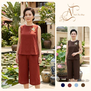 Bộ Đồ Nữ Vải Đũi Cao Cấp, Bộ Mặc Nhà Trung Niên Sang Trọng In Hoa, Áo Sát Nách Quần Lửng 70cm - Anh Thư Shop (AT47)
