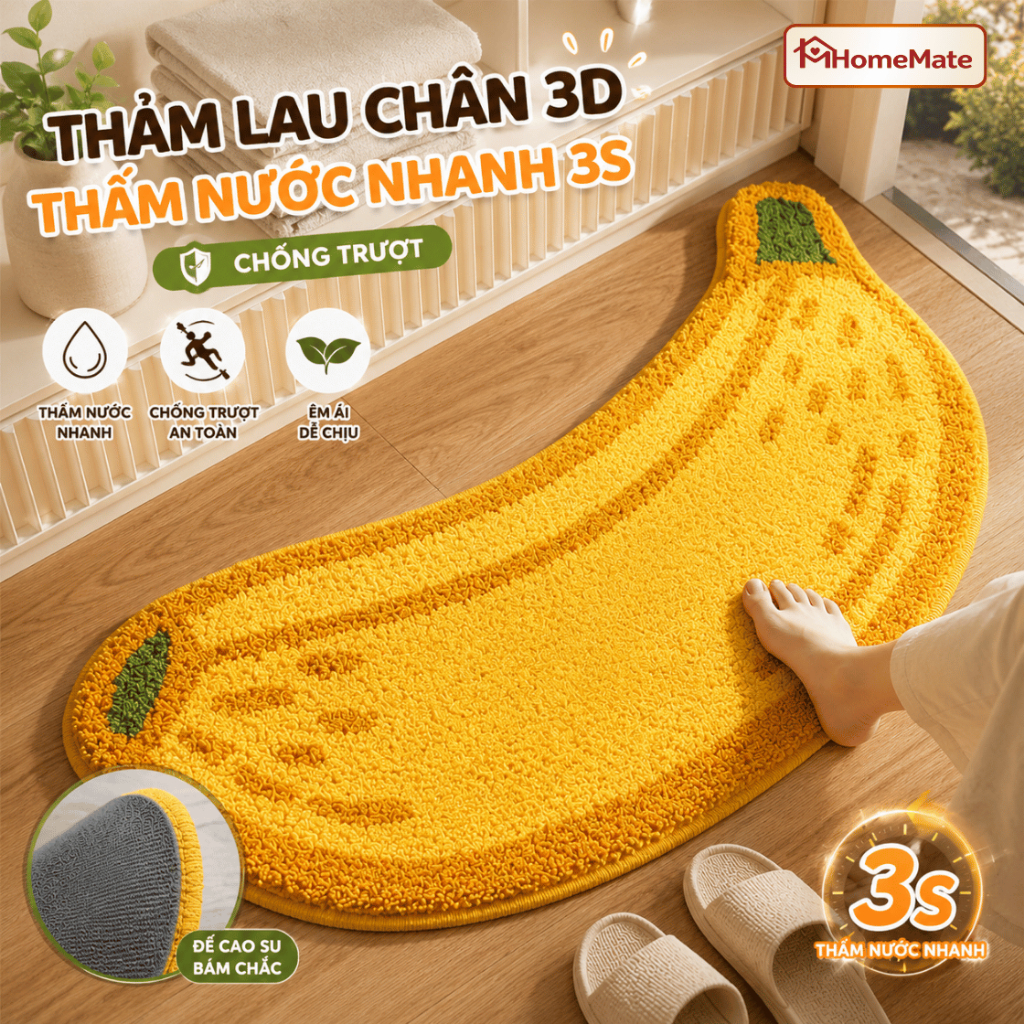 Thảm Lau Chân 3D Thấm Nước Nhanh 3S Chống Trượt, Thảm Chùi Chân Decor Phòng Tắm Siêu Cute HomeMate