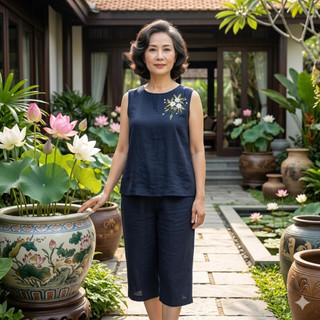 Bộ Đồ Nữ Vải Đũi Cao Cấp, Bộ Mặc Nhà Trung Niên  Sang Trọng In Hoa, Áo Sát Nách Quần Lửng 70cm - Anh Thư Shop (AT47)