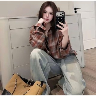 Áo Sơ Mi Kẻ Caro Nữ Form Rộng Style Hàn Quốc - Áo Sơ Mi Vintage Tone Nâu Cam Vải Mềm Mịn Chống Nhăn