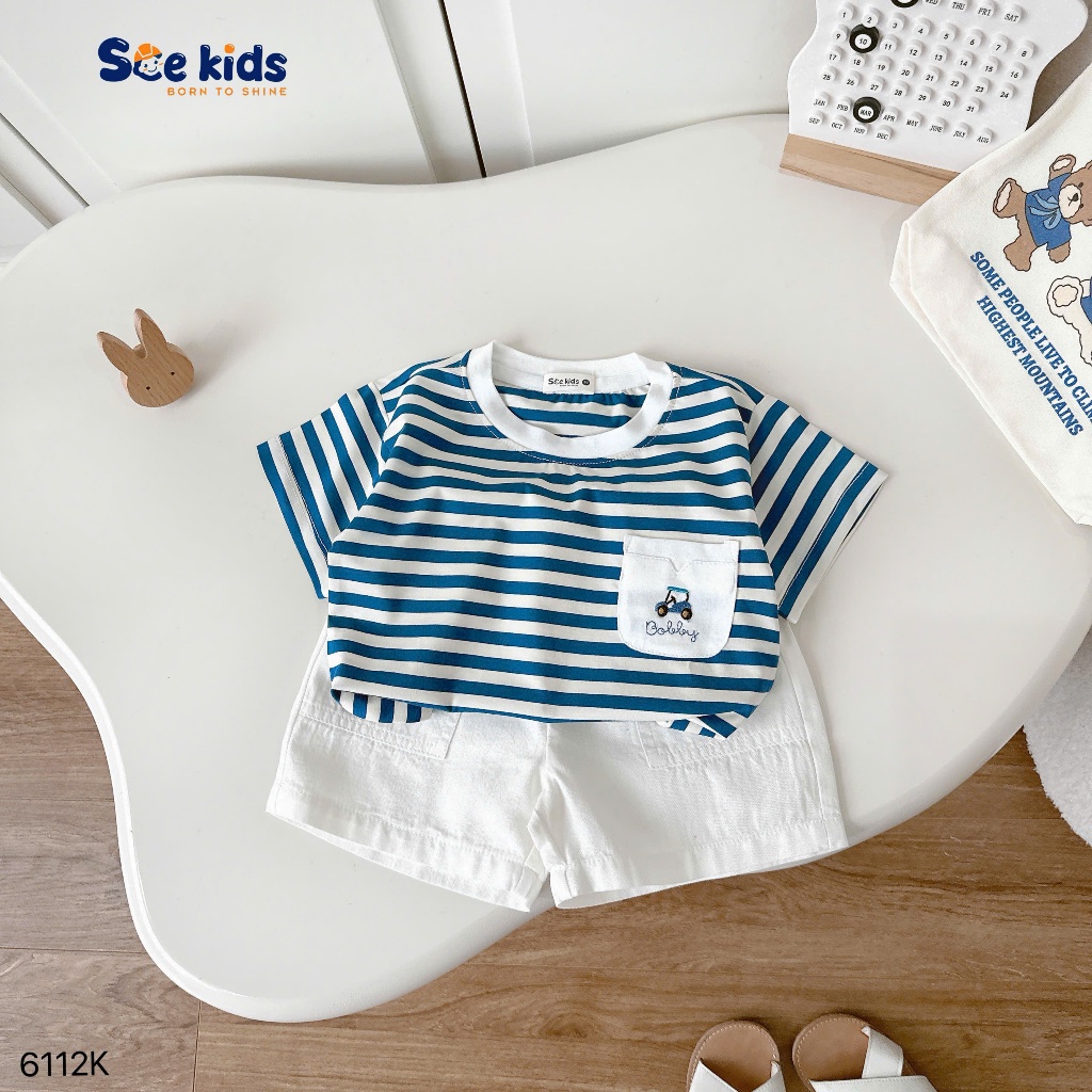 Bộ cotton kẻ phối túi thêu ô tô quần kaki cho bé trai đi chơi, đi học, bộ thun cotton mềm mát quần kaki đẹp