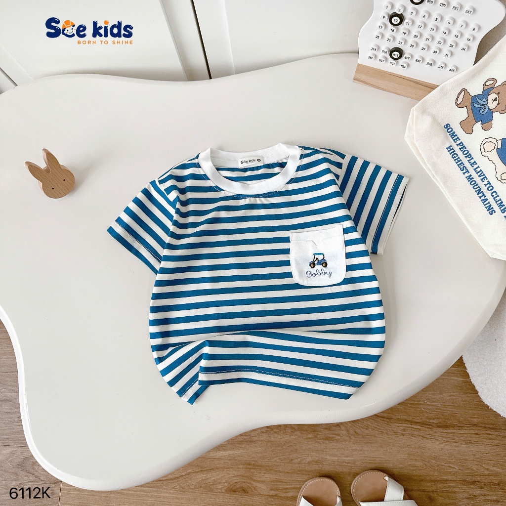 Bộ cotton kẻ phối túi thêu ô tô quần kaki cho bé trai đi chơi, đi học, bộ thun cotton mềm mát quần kaki đẹp
