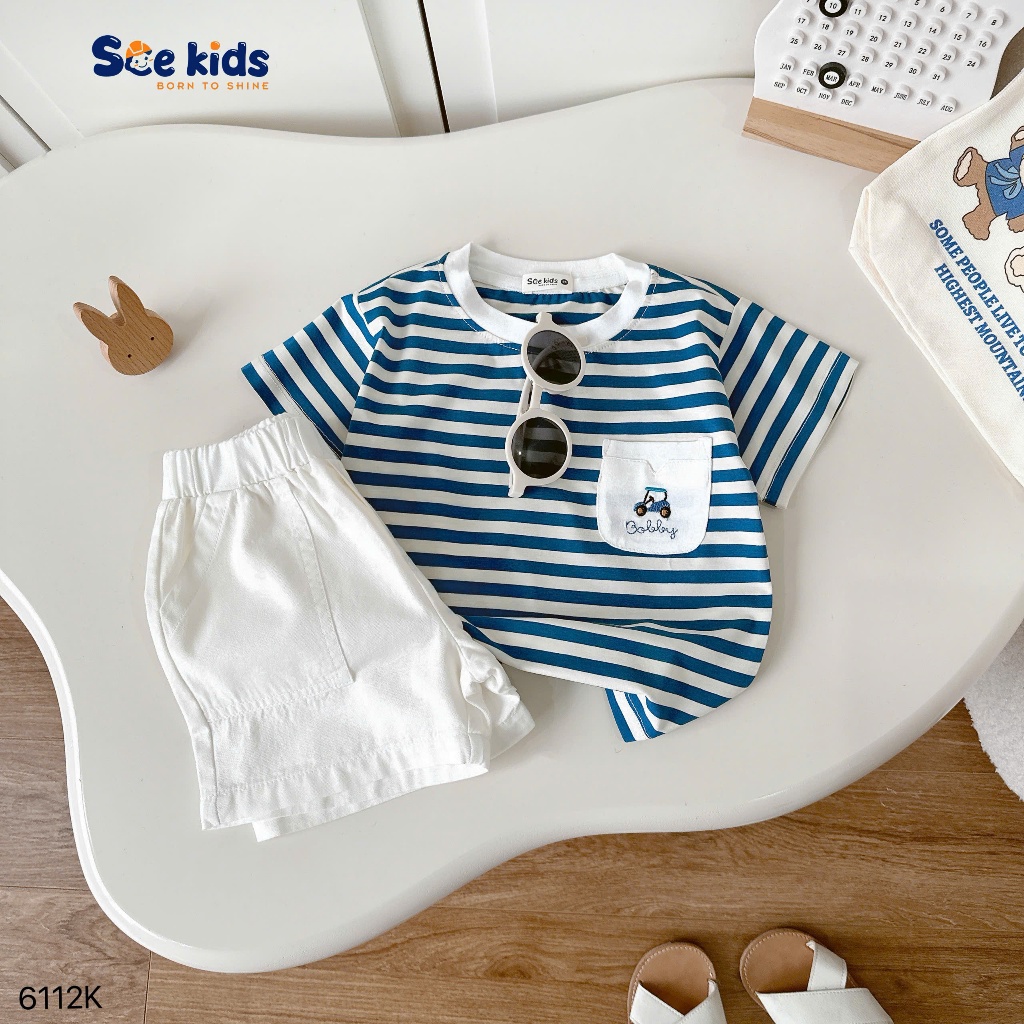 Bộ cotton kẻ phối túi thêu ô tô quần kaki cho bé trai đi chơi, đi học, bộ thun cotton mềm mát quần kaki đẹp