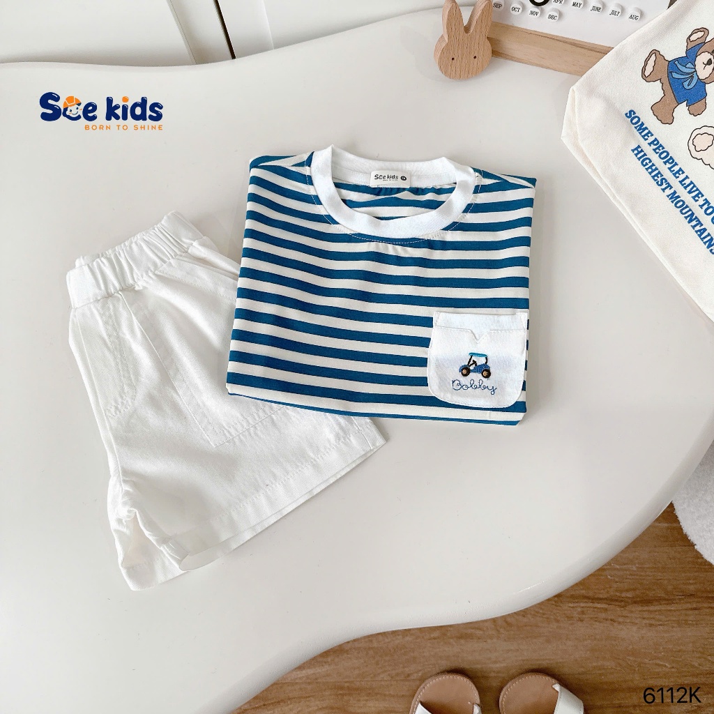 Bộ cotton kẻ phối túi thêu ô tô quần kaki cho bé trai đi chơi, đi học, bộ thun cotton mềm mát quần kaki đẹp