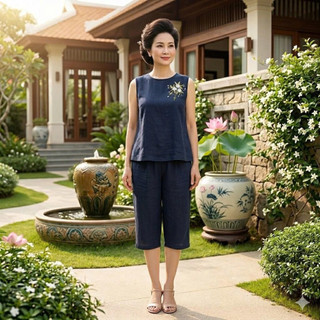 Bộ Đồ Nữ Vải Đũi Cao Cấp, Bộ Mặc Nhà Trung Niên  Sang Trọng In Hoa, Áo Sát Nách Quần Lửng 70cm - Anh Thư Shop (AT47)