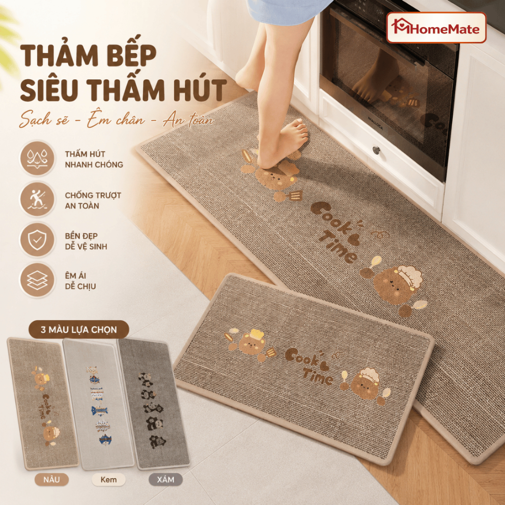 Thảm Nhà Bếp HomeMate Vải Lanh Dệt Bộ 2 Tấm, Siêu Thấm Nước Chống Trượt Decor Sàn Bếp Hiện Đại