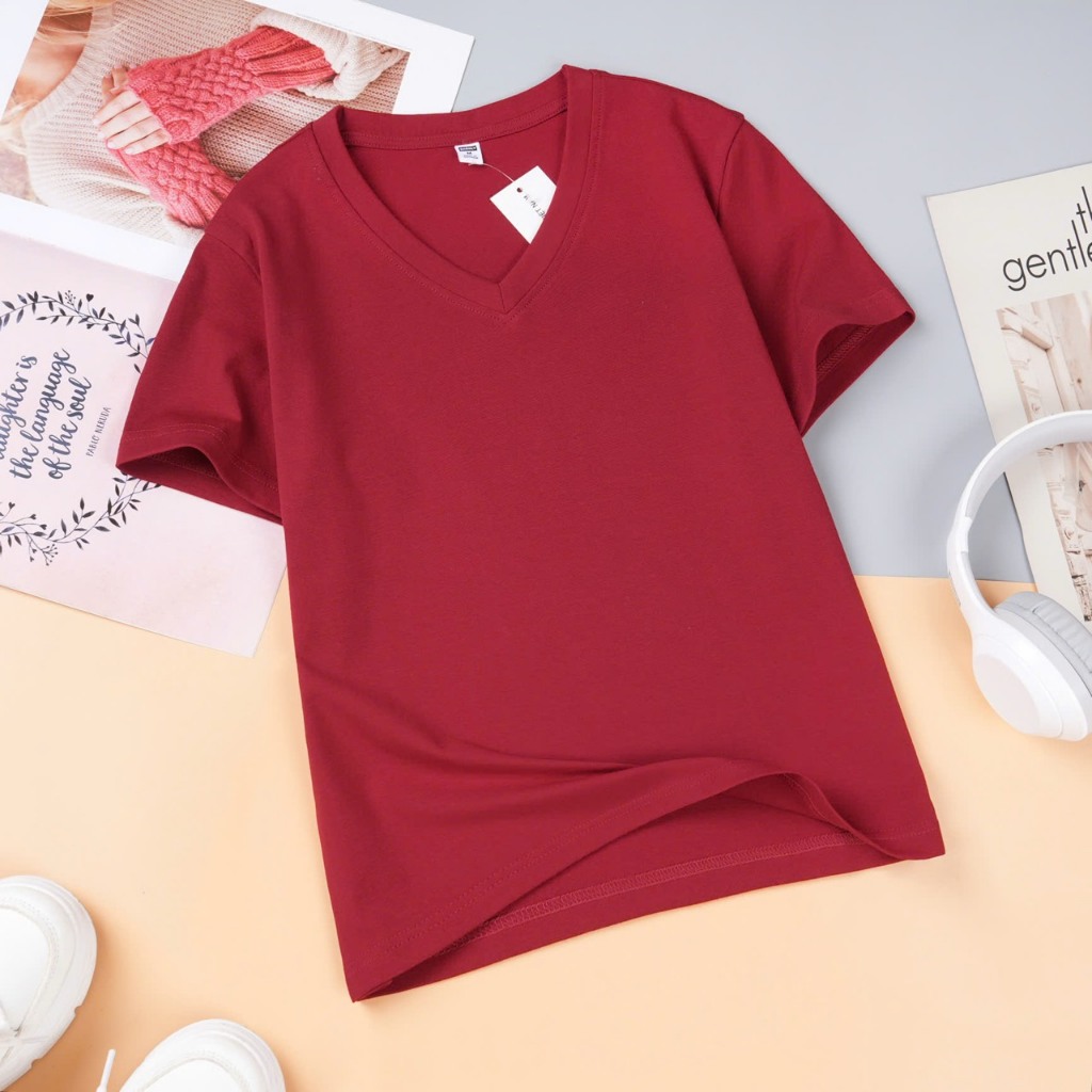 Áo Thun Trơn Nữ Cổ Tim Regular Fit – Cotton Co Giãn Mềm Mát, Dễ Phối Đồ Tôn Dáng | OHANLY
