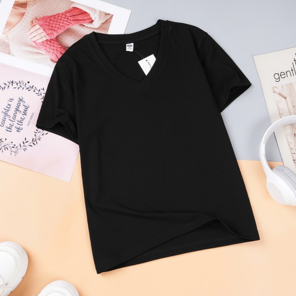 Áo Thun Trơn Nữ Cổ Tim Regular Fit – Cotton Co Giãn Mềm Mát, Dễ Phối Đồ Tôn Dáng | OHANLY