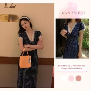 Váy Nữ Chấm Bi Xanh Than Tay Ngắn, Đầm Midi Cổ V Phối Bèo Ren Sang Chảnh Tôn Dáng