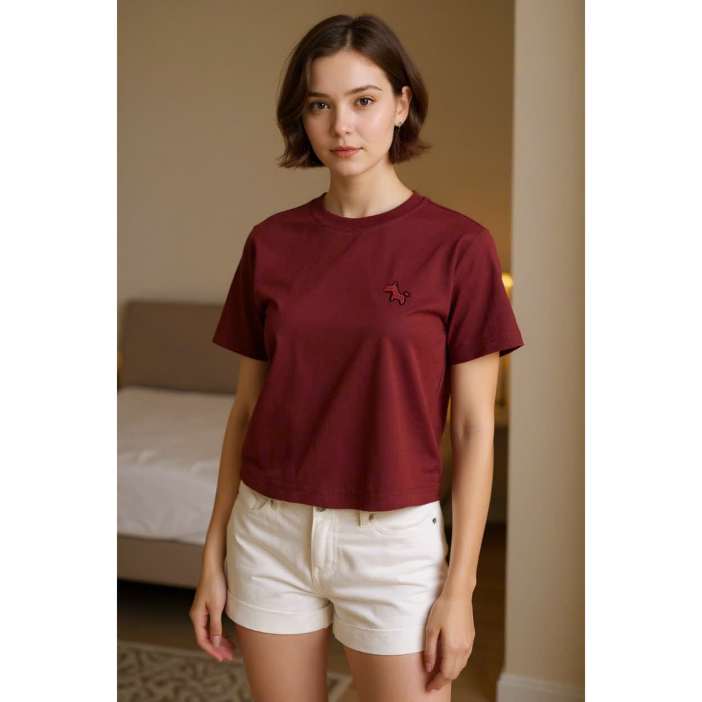 Áo Thun Nữ Croptop Form Lửng Thêu Ngựa – Cotton Co Giãn Mềm Mát, Basic Hàn Quốc Tôn Dáng | OHANLY
