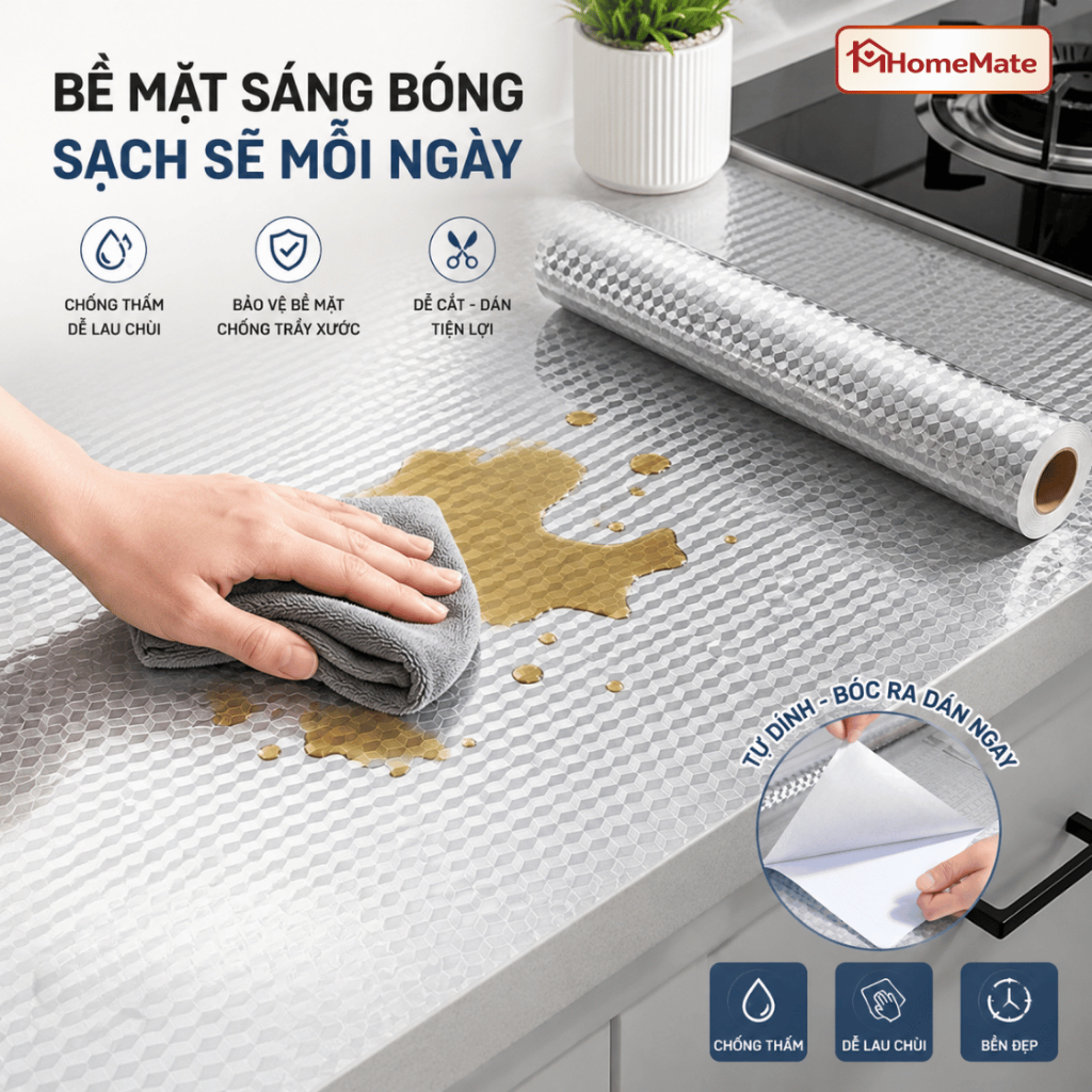 Giấy Bạc Dán Bếp Chống Dầu Mỡ Chịu Nhiệt Chống Nước, Decal Dán Tường Nhà Bếp Tráng Nhôm HomeMate