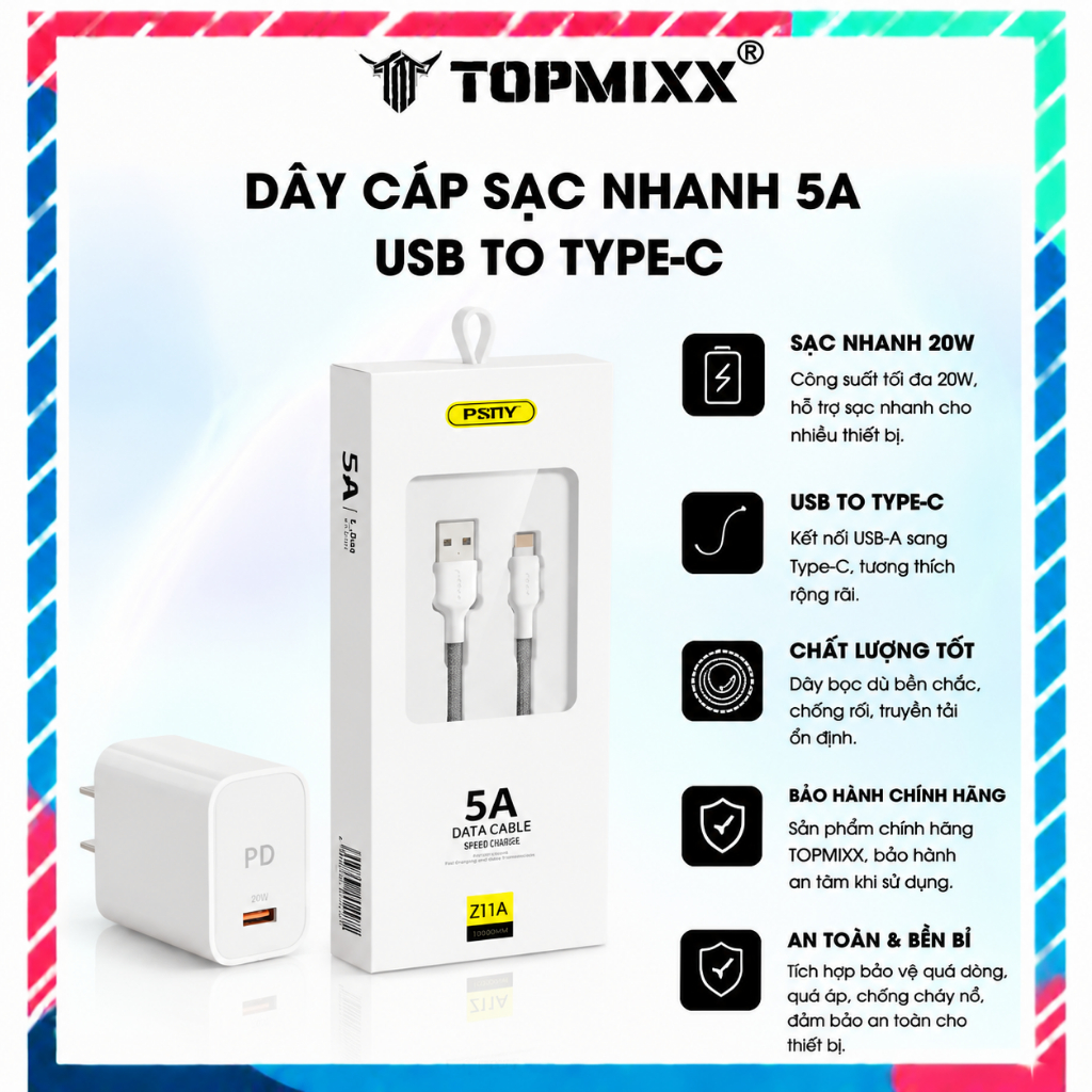 Cáp Sạc Nhanh PSNY (Z11A/12A) 5A - Dây Cáp Dù Siêu Bền USB To Type-C Sạc 20W Chống Đứt Gãy