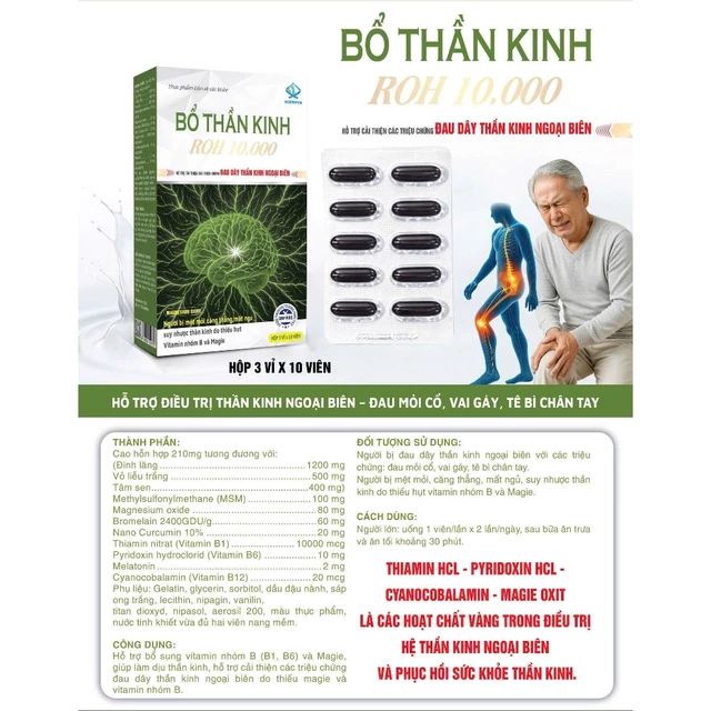 Bổ thần kinh ROH-30v giảm đau đầu mất ngủ, hoa mắt chóng mặt,tê bì chân tay,đau dây thần kinh,cơ,rối loạn tiền đình