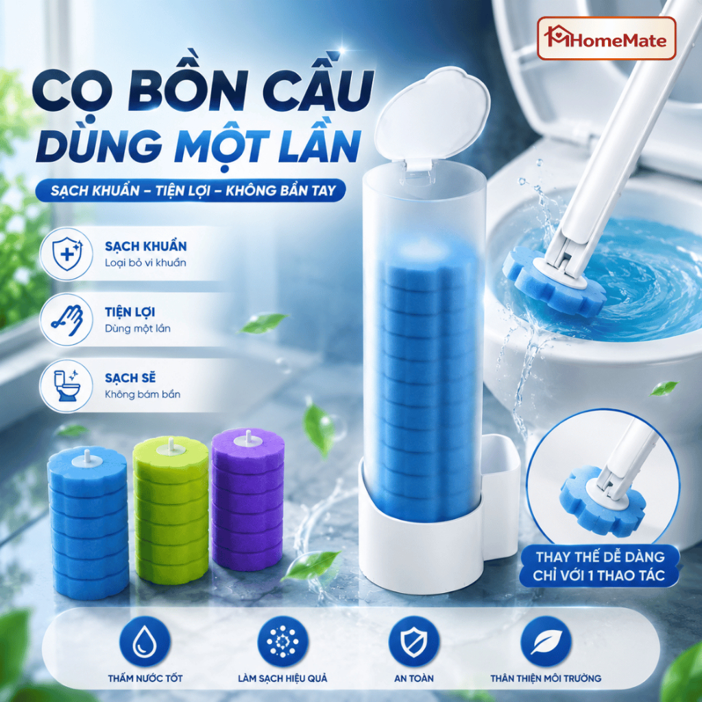 Bộ Cọ Toilet HomeMate Dùng Một Lần Xoay 360°, Cọ Vệ Sinh Gắn Tường Không Cần Khoan Kèm Đầu Thay Thế