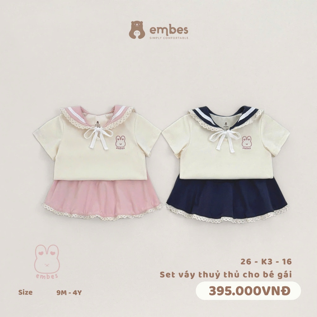 Set Váy Bé Gái Embes, Set Váy Thủy Thủ Phối Chân Váy Có Lót Trong Chất Cotton Cho Bé Gái Từ 8-17Kg
