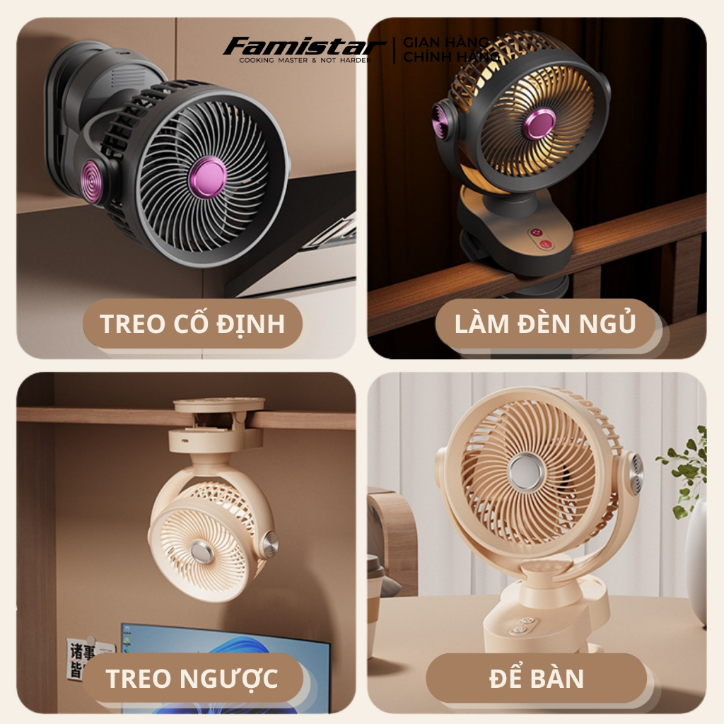 Quạt tích điện mini tự xoay 180 độ, dùng liên tục 8 tiếng có đèn ngủ, quạt mini tích điện