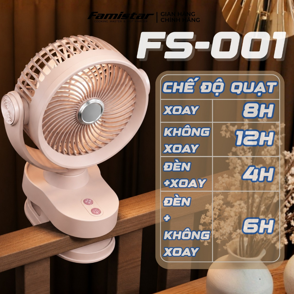 Quạt tích điện mini tự xoay 180 độ, dùng liên tục 8 tiếng có đèn ngủ, quạt mini tích điện