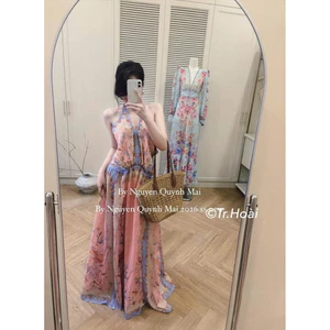 Đầm ZMM maxi cổ yếm hở lưng hoa hồng
