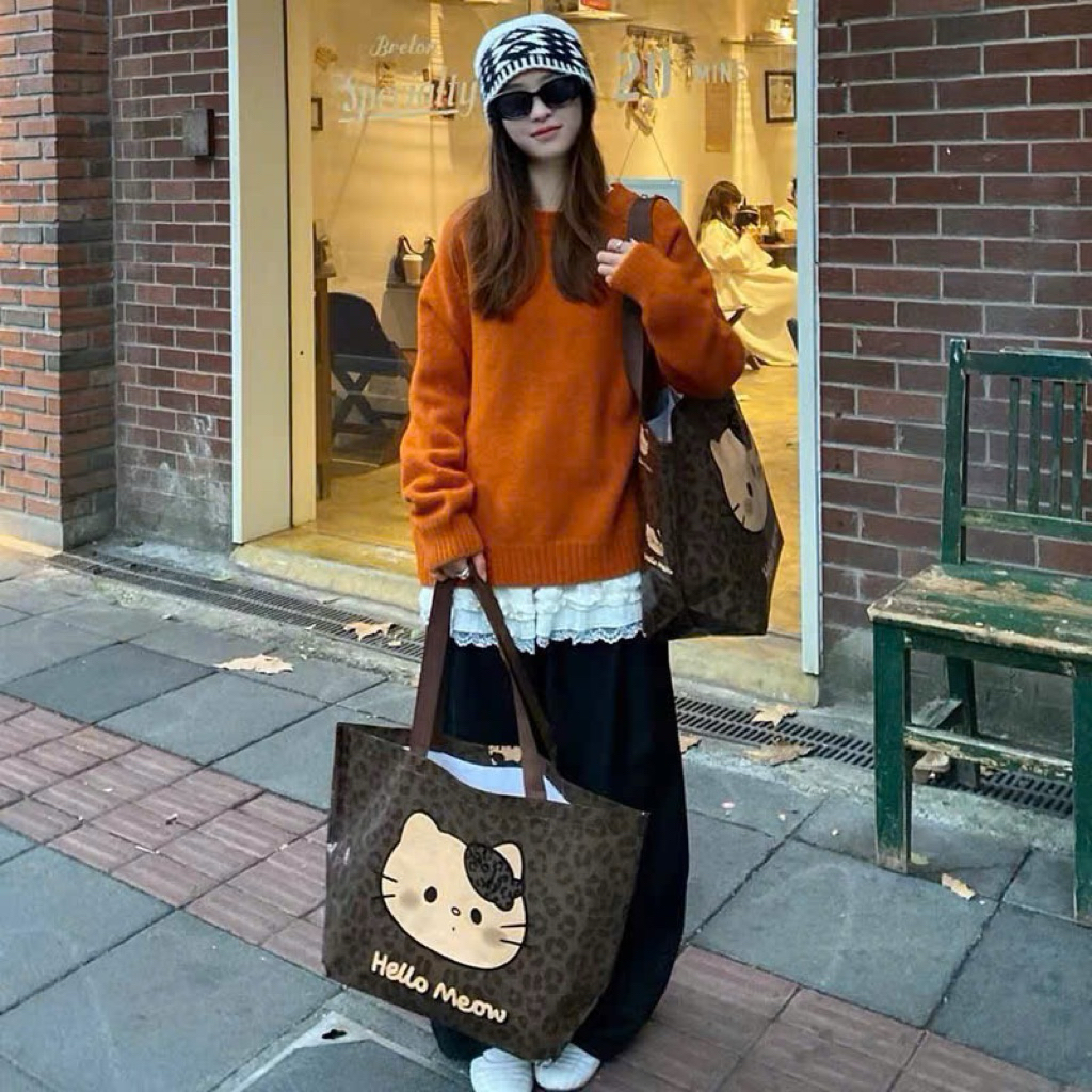 Túi tote hello meow 2 mặt chống nước phong cách Hàn Quốc