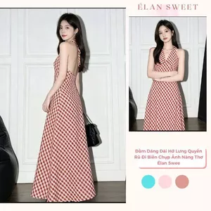 Váy Maxi Yếm Kẻ Caro, Đầm Dáng Dài Hở Lưng Quyến Rũ Đi Biển Chụp Ảnh Nàng Thơ Élan Sweet
