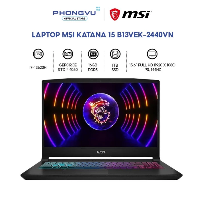 Laptop Gaming MSI Katana 15 B13VEK-2440VN - Core i7-13620H - RTX 4050 - RAM 16GB - 1TB SSD - Bảo hành 24 tháng