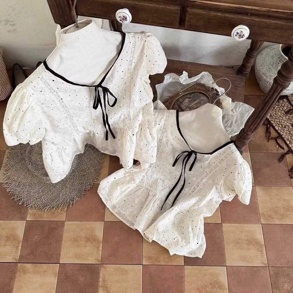 Áo babydoll cổ tròn buộc nơ chấm bi dáng xòe nhẹ xinh xắn LABEL A129