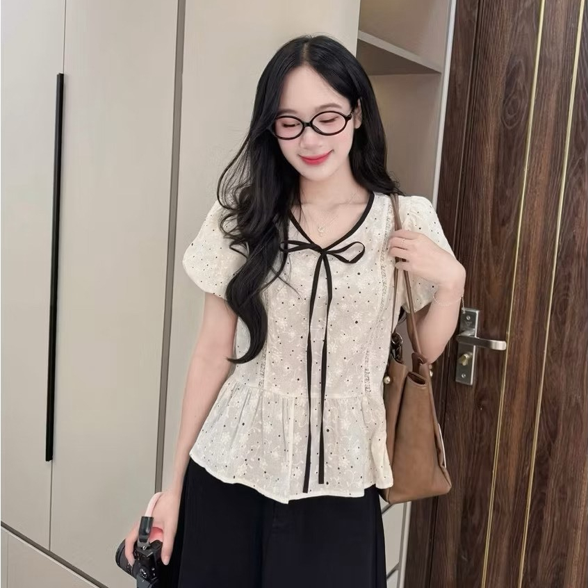 Áo babydoll cổ tròn buộc nơ chấm bi dáng xòe nhẹ xinh xắn LABEL A129