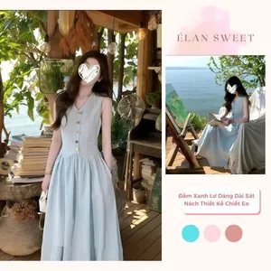 Đầm Xanh Lơ Dáng Dài Sát Nách Thiết Kế Chiết Eo, Váy Linen/Thô Xinh Xắn Đi Biển Đi Cafe Chụp Ảnh Sang Chảnh