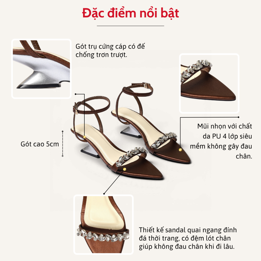 Giày Sandal Cao Gót 5cm Quai Mảnh Đính Đá Mũi Nhọn Thời Trang Pixie H439